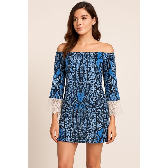 CCC Blue Black Print Off Shoulder Tunic Dress Lace Bell Sleeves Boho Style XLarg - Picture 2 of 9